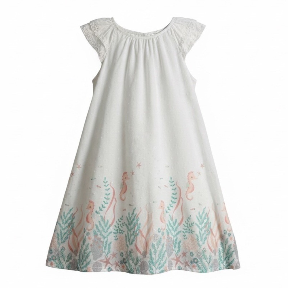 Cupcakes & Cashmere Girls 5 Seahorse Dress White Swiss Dot Embroidered Coastal
